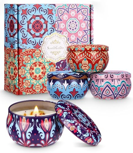 Birshe Kerze Set,Neuer Ethnostil Duftkerzen Geschenkset 4 Stück Natürliches Sojawachs Aromatherapie-Kerzen Dekorative Kerze Geschenkset für Aromatherapie Weihnachten Geburtstag Valentinstag
