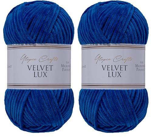 Utopia Crafts Velvet Lux Chenille Samtgarn, extra weiche dicke Wolle zum Stricken und Häkeln, 2x 100 g (Marineblau)