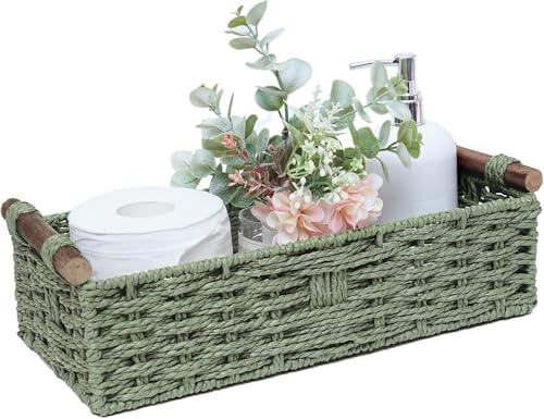 Punorric Green Toilet Paper Basket, Wicker Bathroom Storage Basket with Handle, Large Capacity Toilet Roll Storage Tray for Space Saving, Multi-Functional Bathroom Decor