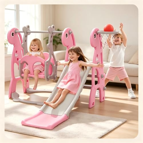 Set di scivolo e altalena per bambini con pallacanestro | Scivolo da interni per bambini, set da gioco autoportante e altalena regolabile in altezza (rosa)
