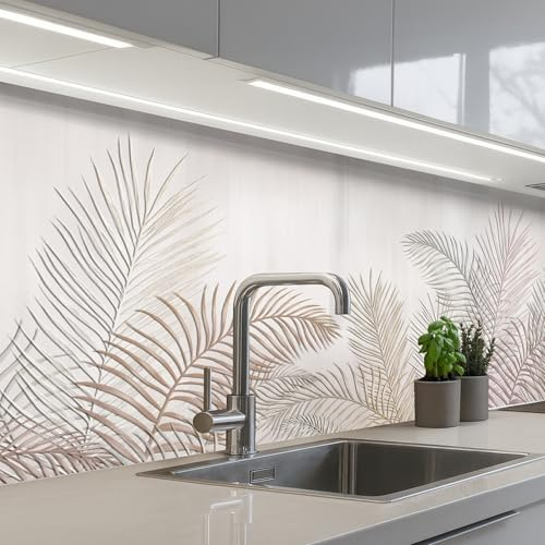 KitchenYeah© Rückwand Küche Rückwandschutz Selbstklebend Spritzschutz | 80x250 cm - Küchenrückwand Küchenfront Küchen Selbstklebende Küchenrückwände Blätter - Beige - Botanisch - Vintage