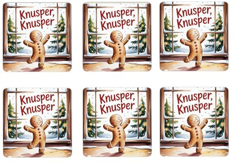 Weihnachten Lebkuchenmann 6er Set Untersetzer aus Holz - Knusper, knusper lustige Sprüche für die Feiertage