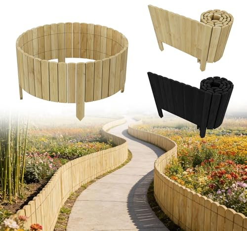 UISEBRT Rasenkante Holz,Flexibler Holzzaun Mähkante Rollborder,Holzpalisaden Steckzaun für Garten Blumenbeet umrandung Beeteinfassung Beetumrandung,Länge 200 cm,Hoch 10 cm,Natural