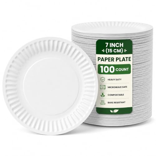 Hardivon 7 Inch (15cm) Disposable Paper Plates [100 Pack] - 100% Compostable Paper Plates, Heavy-Duty & Eco-Friendly for Parties, Events, BBQs, Camping & Picnics