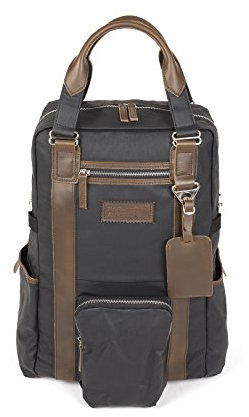 Paravion Rucksack mit vielen Fächern - gewachstes Denim/Leder - schwarz/braun (30 cm x 47 cm x 20 cm)