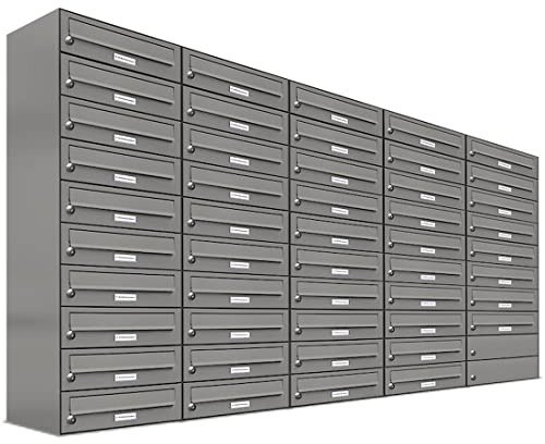 AL Briefkastensysteme 48er Briefkastenanlage Aluminiumgrau RAL 9007, Premium Briefkasten DIN A4, 48 Fach Postkasten modern Aufputz
