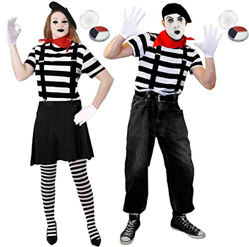 DELUXE FRENCH MIME COUPLES FANCY DRESS + ACCESSORIES OUTFIT SET (MEDIUM & LARGE)