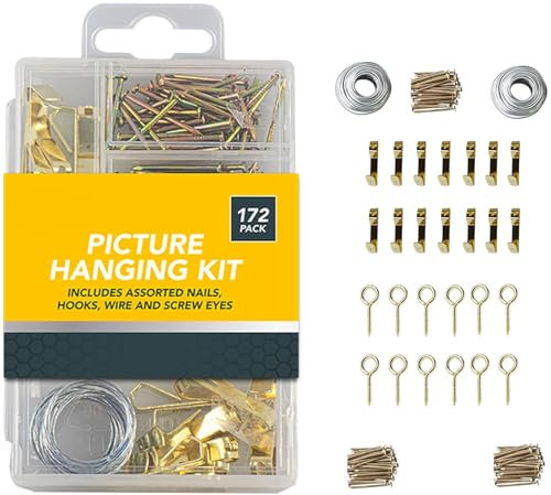 172pc Picture Hanging Set - Quality Picture Hooks, Wire and Nails for Wall Mounting Kit, 112pcs Iron Nails, 34pcs Copper Nails, 12pcs Copper Rings and Stamped Hook, 2pcs Picture Hanging Wire