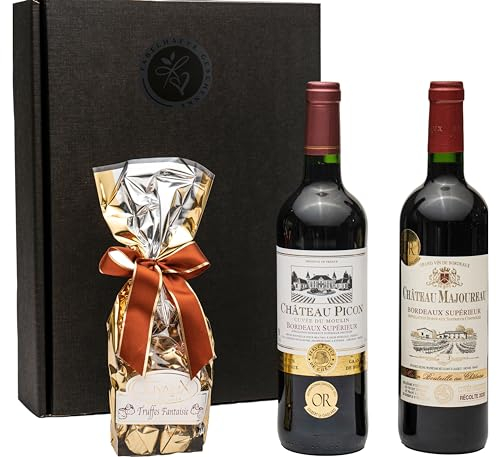 Geschenkset Bordeaux | 2 hochwertige französische Rotweine aus Bordeaux mit Goldmedaillen-Prämierung trocken | 1 x feinste französische Schokoladentrüffel