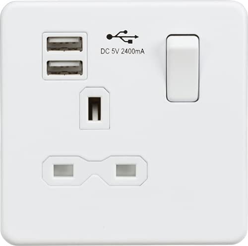 Knightsbridge Screwless Single Switched Socket with Dual USB Charger in Matt White, SFR9124MW