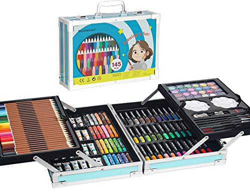 145 TLG Malkoffer, Deluxe Aluminium Trageköfferchen Zeichenset mit Marker, Ölpastelle Wachsstifte, Buntstifte, Wachsmalstifte, Öl Pastellkreide usw, zum Kinder Anfänger & Erwachsene Geschenk,Blau