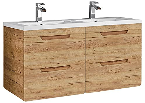 Lomadox Badmöbel Doppel-Waschtisch Set, Unterschrank Wotan Eiche Nb. Dekor, 121cm Keramikwaschbecken, 4 Softclose-Schubkästen, Regal, B/H/T ca. 121/60,8/46 cm