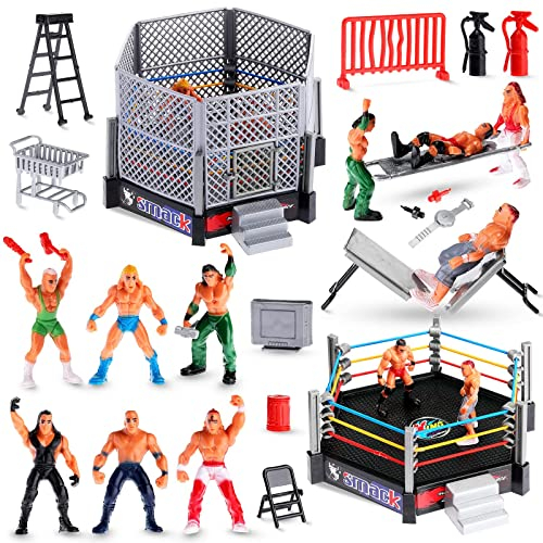 Skylety 32 Pieces Wrestling Toys Wrestler Warriors Toys with 12 Mini Wrestlers Action Figures , 20 Realistic Accessories Realistic Action Wrestling Figures Playset Gifts Favors for Boys and Girls