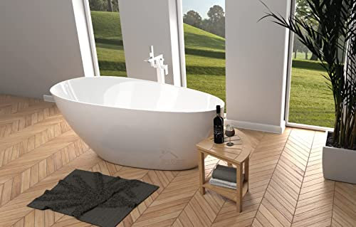 ECOLAM Baignoire autoportante Goya 160x70 cm | table d'angle en Bambou Costa | Vidage Click Clack | Design en fonte minérale | 160x70 cm | Baignoire îlot glamour blanc