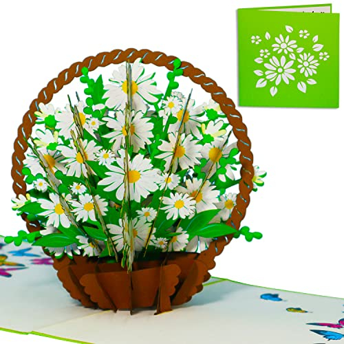 LINPOPUP®, LIN17763, Pop Up Karte Blumen, Blumenstrauß Pop-Up, Blumenkarten, Grußkarten, Klappkarte, Muttertagskarte, Abschied, Geburtstagskarte, Gute Besserung, Margeritenkörbchen, N504