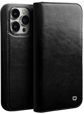 Yidai-Silu Echtleder Hülle für iPhone 14 Plus Rindsleder Klapphülle Case | Handarbeit Flip Case Kartenfächer Tasche Stoßfest Schale Anti-Fingerabdruck Etui für iPhone 14 Plus - Schwarz&B