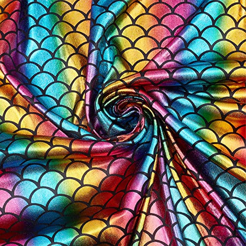 FINGERINSPIRE Meerjungfrau Stoff (100x150cm, Regenbogen Farben) Meerjungfrau Schuppen Stoffe Schillernde Hologramm Kein Stretch Fischschuppen Stoff Glitzerstoff für Kleidung nähen, DIY Handwerk