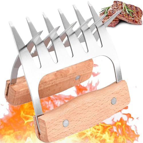 Griffes d'ours pour barbecue, vaisselle de barbecue en acier inoxydable antirouille, patte d'ours pour couper la viande, très appropriée pour tirer du porc (Poignée en bois)