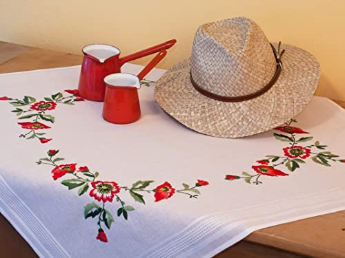 DECO-LINE Poppies 80X80CM Printed Tablecloth Embroidery KIT, WHITE