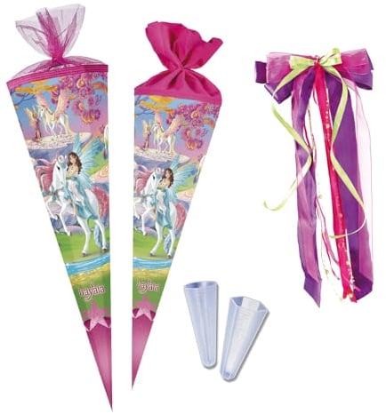 Nestler Schultüten-Set zum Befüllen, Handgemachte Zuckertüte aus Karton - Lizenzmotiv Bayala 2 von Schleich, Schultüte, Spitzenschutz, Schleife (70 cm rund)
