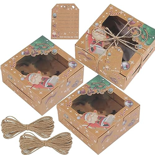 KanDery 20PCS Christmas 4 Holes Cupcake Boxes Cake Boxes with Window, Christmas Kraft Paper Cupcake Carrier with Insert, Christmas Paper Bakery Boxes, Paper Treat Boxes for Christmas Party Favors