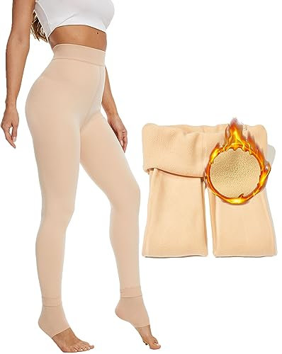 CheChury Collant Polaire Femme Collant Chaud Toison Collant Noir Doublé Polaire Leggings pour Femmes Taille Haute épais Collants d'hiver Sheer Sans Pieds,Beige