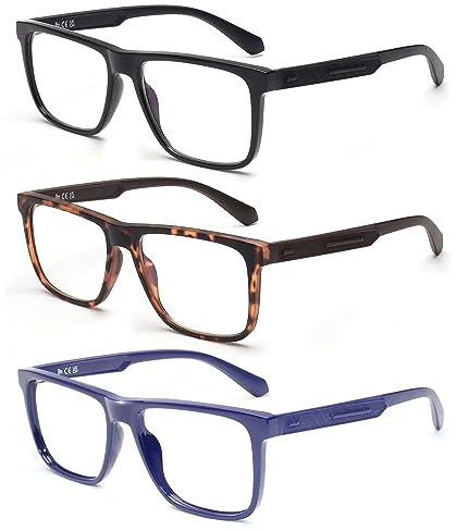 JM 3 Pack Lunette Loupe Anti Lumiere Bleue pour Homme Femme,Rectangulaire Montures de lunettes, Résistance à la fatigue oculaire/UV