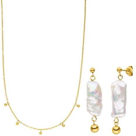 Purelei® Kahakai Schmuckset, Damen Schmuckset aus langlebigem Edelstahl, Wasserfeste Halskette und Ohrringe mit Keshi Perlen (Gold)