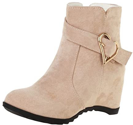 Stivali con Cerniera Laterale con Zeppa Interna con Fibbia per Cintura in Pelle Scamosciata Tinta Unita alla da Donna Tronchetto Tacco (Beige, 39)