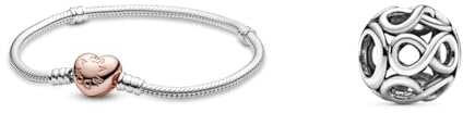 Pandora Moments Schlangen-Gliederarmband mit Herz-Verschluss, Silber/Rosé, 19 cm, 580719-19 & Offen gearbeitetes Unendlichkeits-Charm Sterling-Silber 11 x 11 x 9,8 mm (T/H/B)