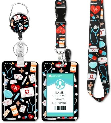 Porte Badge Infirmiere, Porte Badge de Carte d'Identification avec Cordon Tour de Cou pour Pour Clés, Carte d'étudiants, Carte Bus (Nurse Black)