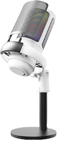 Computer Microphone with RGB Lighting, USB Gaming Mic for PC/ PS4/ PS5/ Mac/Phone, Podcast Mic with Touch Mute, Gain Knob for Streaming Recording (White)