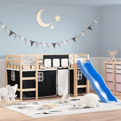 THOYTOUI Kinderhochbett, Betten Seniorenbett Bettgestell Bettsystem Geeignet für Schlafzimmer Gästezimmer Wohnung Mehrbettzimmer mit Vorhängen Weiß Schwarz 90x190 cm Kiefernholz