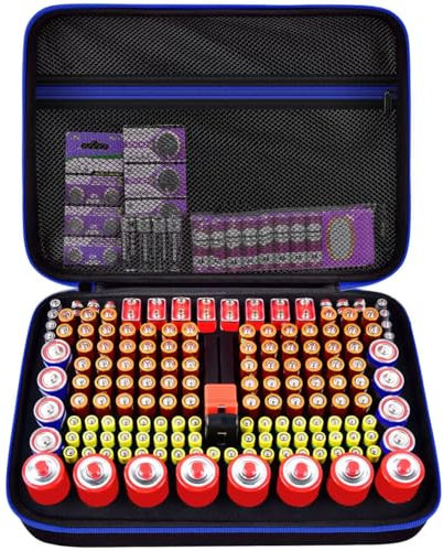 casmilee Batterie-Organizer & Aufbewahrungskoffer mit Tester für 162+ AA AAA 4A C D 9V 3V Lithium LR44 CR2 CR123 CR1632 CR2032 18650 Knopfbatterien - Blau- Nur Fall