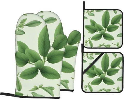 YYHHAOFA Ensemble de 4 pièces de cuisson de cuisine avec motifs de fleurs vertes, feuilles de sauge et branches – Gant de cuisine isolé et manique épais et durable