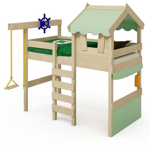 Wickey Kinderbett Crazy Gloomy - Hochbett, Spielbett für Kinder aus Massivholz mit Planendach - 90 x 200 cm - pastellgrüne Plane