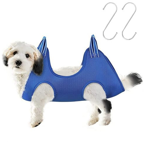 WOLMIK Hundepflege-Hängemattengeschirr, Fellpflege-Rückhaltetasche, Haustierpflege-Schlingen-Helfer mit 2 Haken für Hunde und Katzen, zum Baden, Fellpflege, Nageltrimmen, Krallenpflege (blau), Größe L