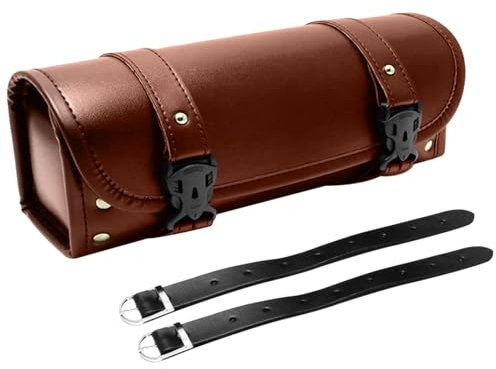 Mulcort Motorcycle Tool Bag, Universal PU Leather Motorcycle Fork Bag, Waterproof Wear Resistant Motorcycle Bag with Adjustable Straps, Handlebar Bag Storage Tool Bag (Brown)