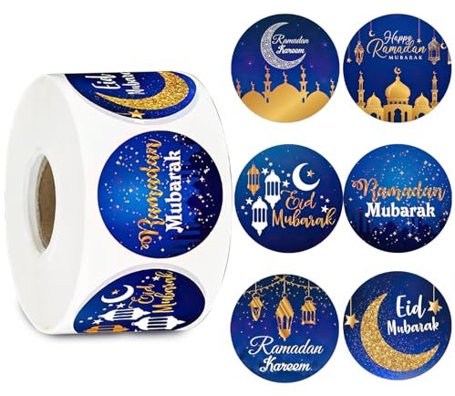 500 Stück Ramadan Eid Mubarak Aufkleber, Ramadan Sticker, Ramadan-Ornamente Sticker, Runde Geschenktüten Etiketten, Umschläge Siegelaufkleber Dekoration für Muslim Islam Party Geschenkbox (Blau 2,5cm)