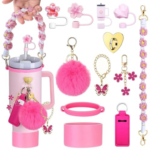 12 PCS Accessories Set Water Bottle Decor Compatible with Stanley Cup, Accessories Set Compatible with Stanley Cup 30/40oz Tumbler, Flower Straw Covers Topper, Water Bottle Handle Strap, Protector
