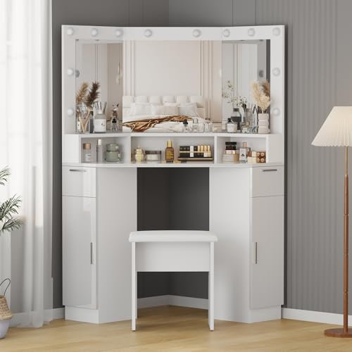 LSBIKE Corner Dressing Table with LED lights, Modern Vanity Table with 2 Drawers and Stool, Makeup Desk with 3-Panel Mirror and Storage, Adjustable 3Colours and Brightness, Vanities Desk for Bedroom