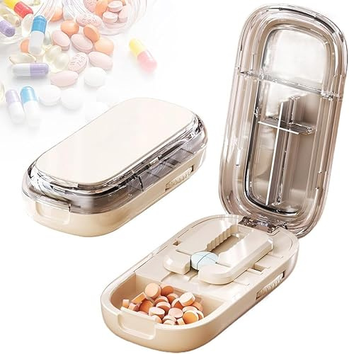 2025 Upgradierter Tragbarer Tabletten-Teiler mit Aufbewahrung – Präziser 2-in-1 Pillen-Schneider für Große, Kleine & Mini-Tabletten – Ideal für Reise, Handtasche & Haushalt (Weiß-1/4+1/2)