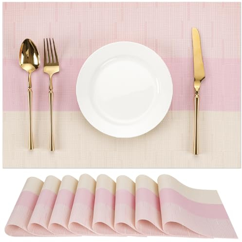 Chitomars Tischsets Abwaschbar 8er Set, Platzsets Abwaschbar PVC Hitzebeständig Tischset Outdoor Vinyl Gewebte Platzdeckchen für Häuser Restaurants Hotel Tischdekos(Beige Rosa,8er Set)