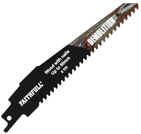 Faithfull Demolition Carbide Sabre Saw Blade – 6 TPI Compact Straight-Cut Blade, Compatible with S-Shank Reciprocating Saws for Wood with Nails, Plastic, Non-Ferrous Metals & Composites – 152mm (6 in)