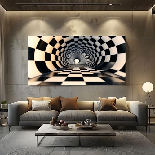 Bilder D Illusion Schachbrett Leinwandbilder Groß für Schlafzimmer Optische | Täuschung Karierte Wandbild für Wohnzimmer, XXL Kunstdruck auf Leinwand Geometrisch Muster Wanddeko Kunst 80x160 cm