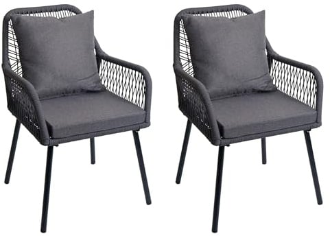 PROREGAL 2er-Set Gartenstuhl HxBxT 81x54x62cm Sitzhöhe 46cm Outdoor Sitz-/Rückenpolster Aluminium Seilgeflecht Rope Anthrazit