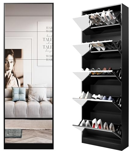 Organizedlife Schwarz Schuhschrank mit Spiegel, 185 cm Langer Spiegel, 5 Klappschubladen und Platz für 20 Paar Schuhe, für Eingangsbereich, Schlafzimmer