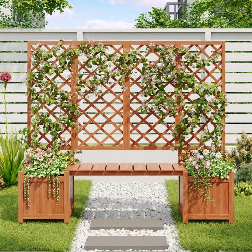 Merax Jardinière avec treillis et banc - Jardinière avec tuteur pour plantes grimpantes, brise-vue pour jardin, terrasse et balcon - Sapin massif marron foncé - Beaucoup d'espace pour les plantes