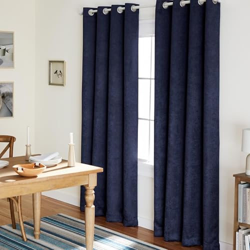 Exclusive Home Curtains Vorhänge aus Satinstoff mit Oxford-Textur, Thermisch, mit Ösenöffnungen Oben, für Fenster, abdunkelnd, Polyester, Navy, 52x96