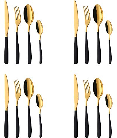 Oro Stoviglie con Manico Nero Posate, Bisda 16 pezzi Set di Posate Lusso Vasellame Servizio per 4